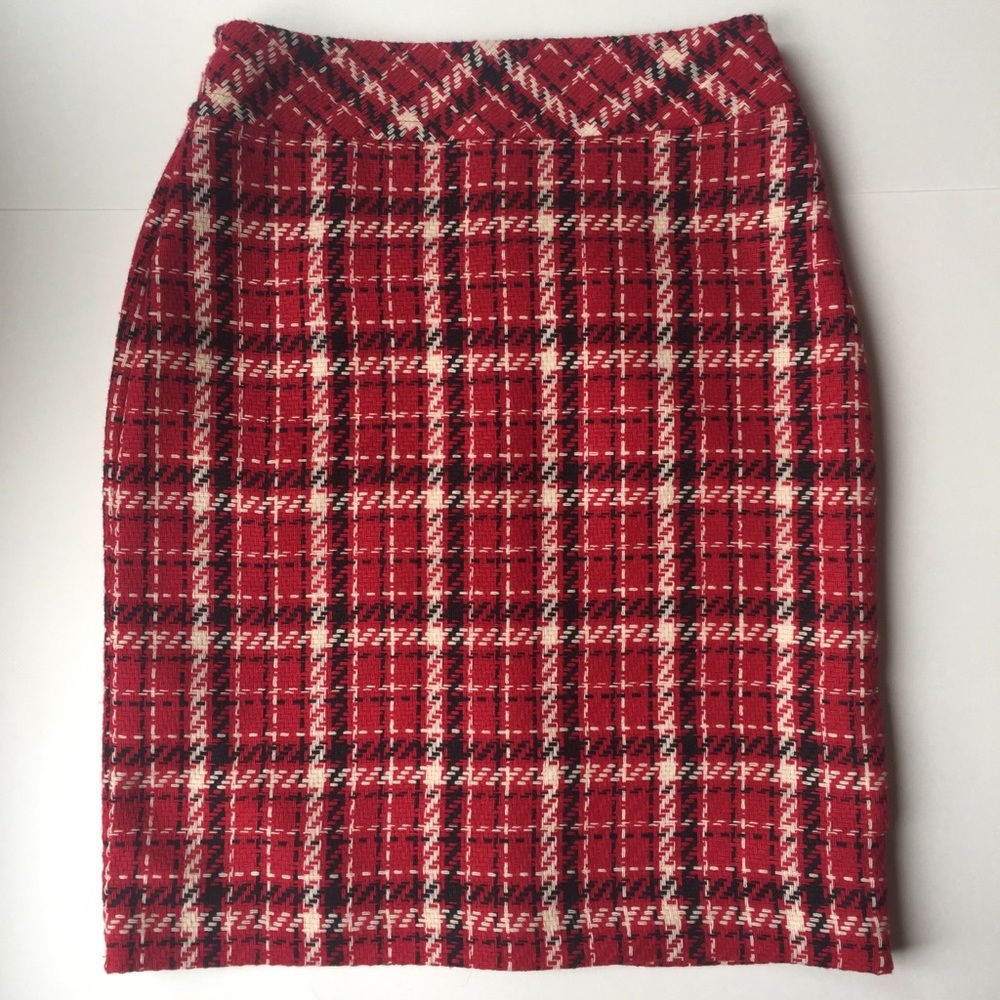 Vintage Villager Pencil Skirt Red Black Houndstooth Plaid 6P